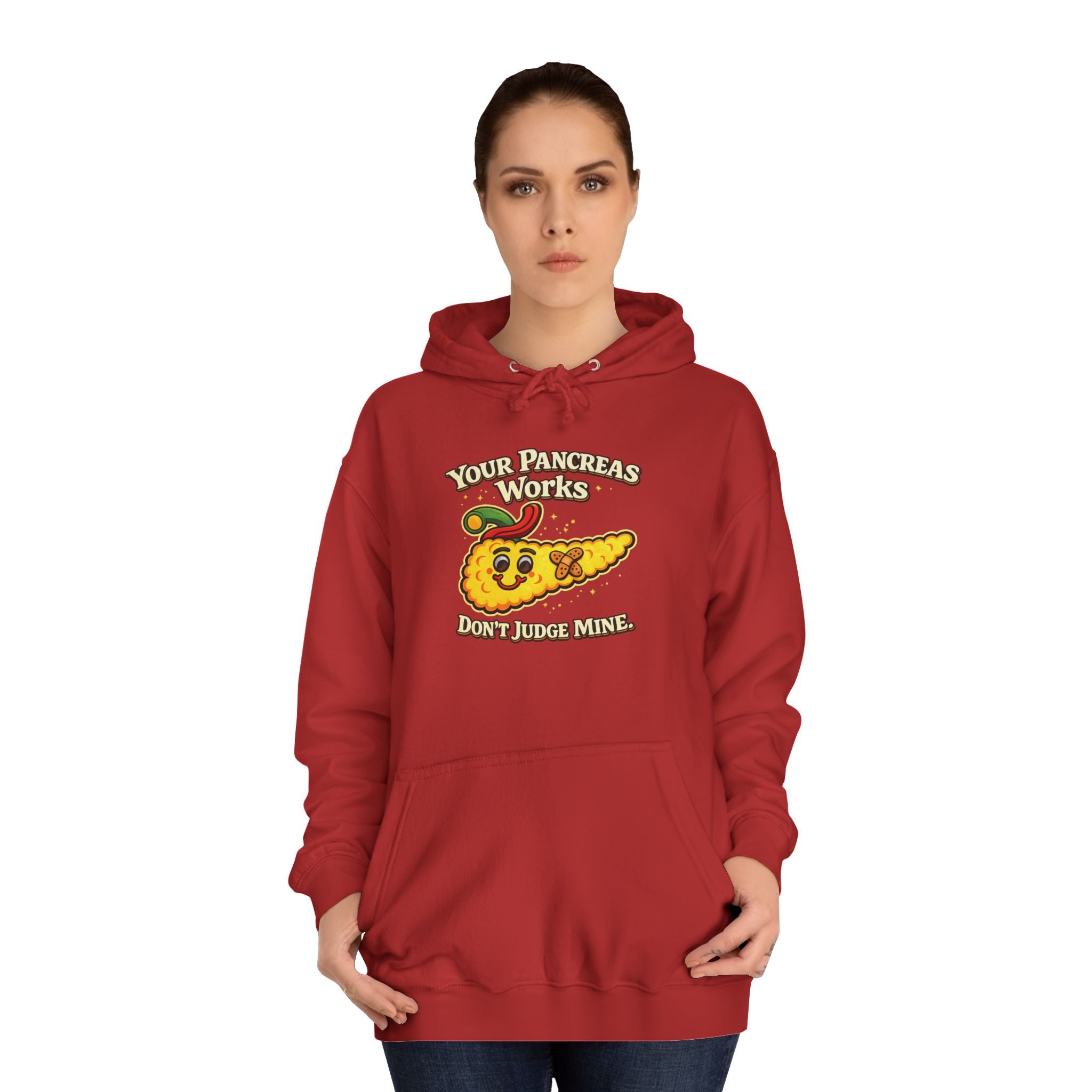 Don't judge my pancreas Hoodie — Funny Pancreas Cartoon Front, Bold Back Statement