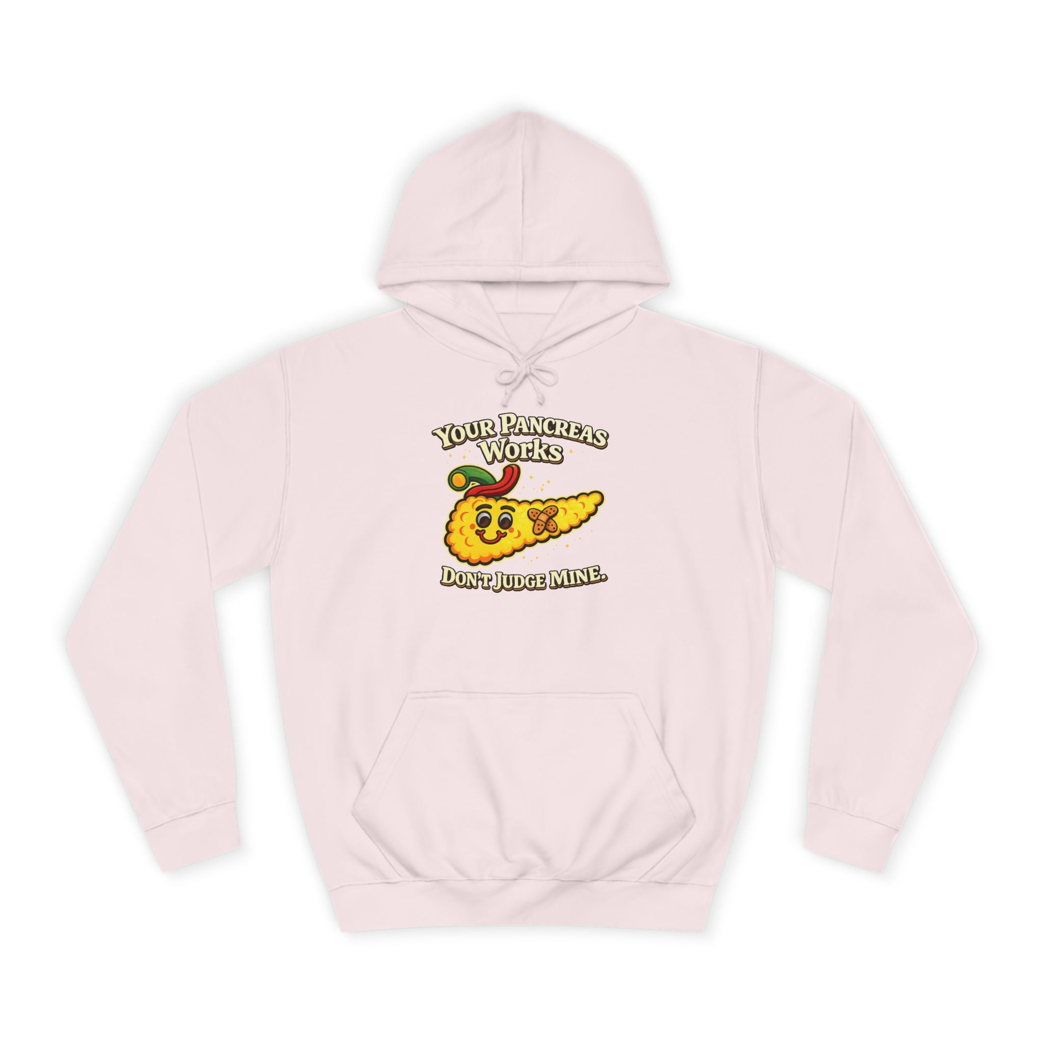 Don't judge my pancreas Hoodie — Funny Pancreas Cartoon Front, Bold Back Statement