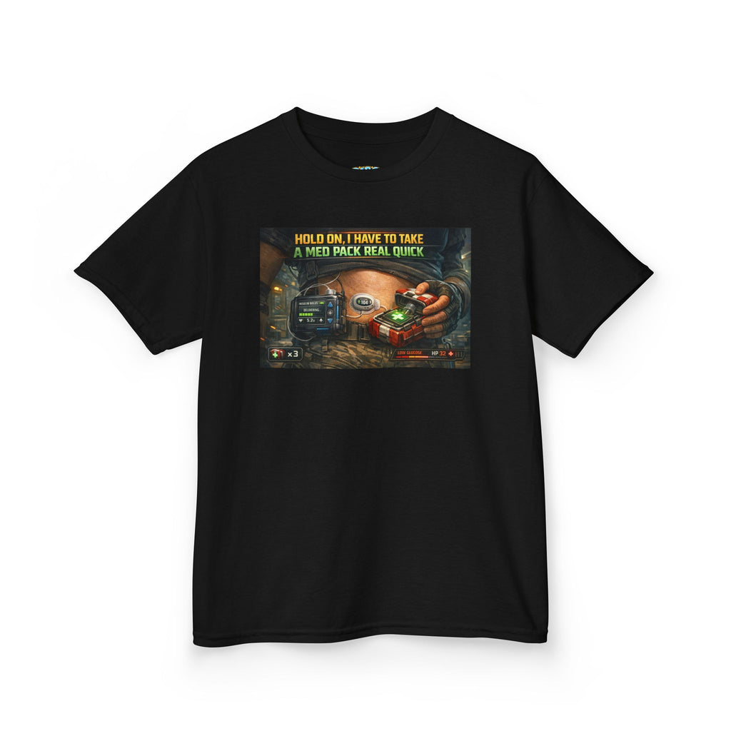 Kids T-Shirt — Funny T1D Gaming Med Pack Design (Make Insulin Time Playful)