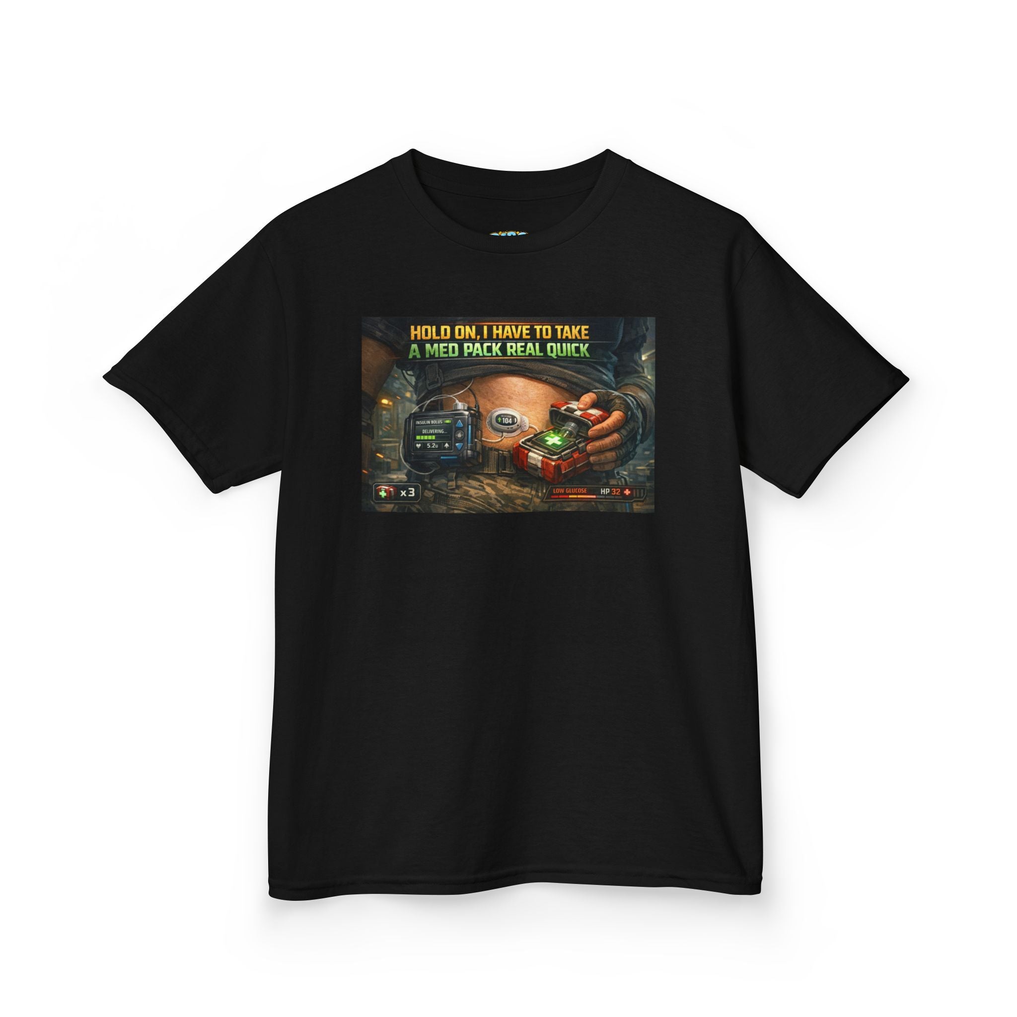 Kids T-Shirt — Funny T1D Gaming Med Pack Design (Make Insulin Time Playful)
