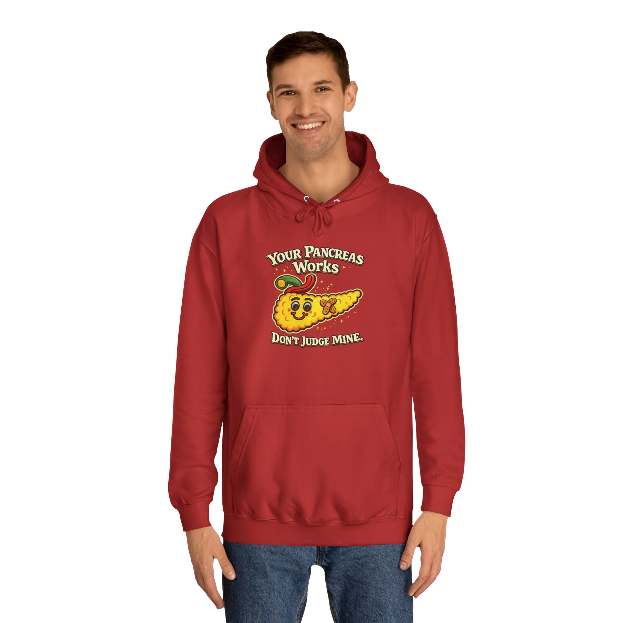 Don't judge my pancreas Hoodie — Funny Pancreas Cartoon Front, Bold Back Statement